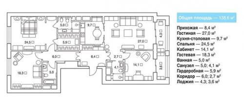 Лаконичный контраст.  Интерьер квартиры 138, 6 кв. 05