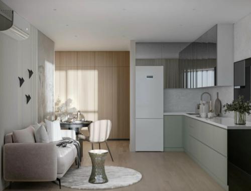 Проект 1-комнатной квартиры 40 м 2. кухня - гостиная + спальня.  