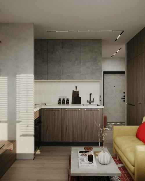 Квартира площадью 27, 5 квадратных метров выполнена в индустриальном стиле с лёгкими восточными нотками. 03