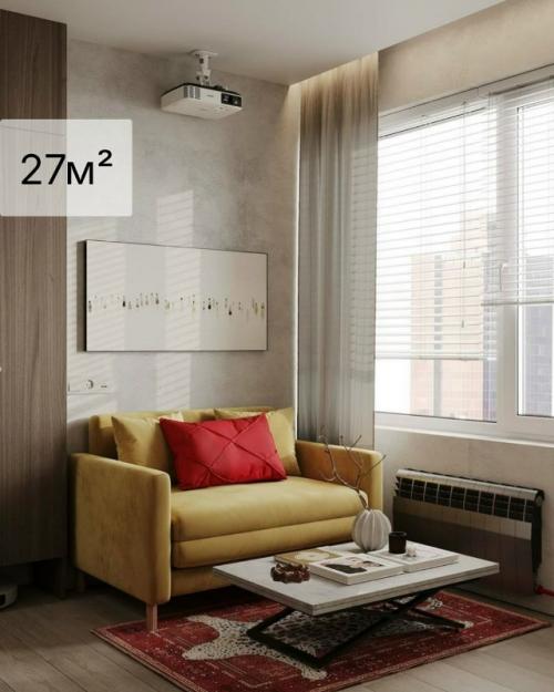 Квартира площадью 27, 5 квадратных метров выполнена в индустриальном стиле с лёгкими восточными нотками. 01