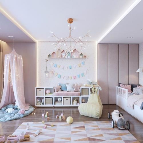 Нежный приятный дизайн детской комнаты для маленькой маминой и папиной принцессы. 01