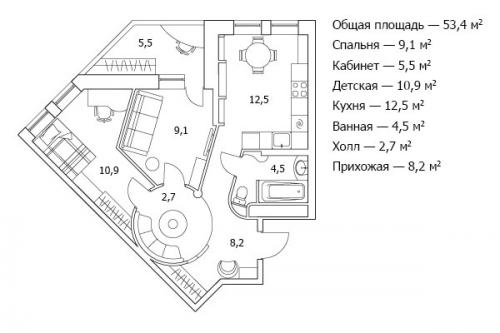 Интерьер квартиры 53, 4 кв. 05