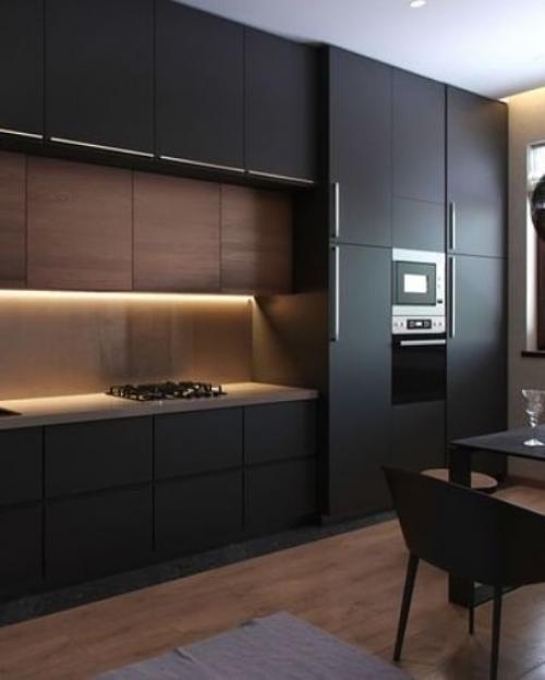 Стильная кухня с сочетанием черного цвета и дерева. 02