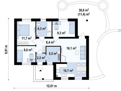 Небольшой комфортный одноэтажный дом с тремя спальнями от ООО МЖК - Строй. 01