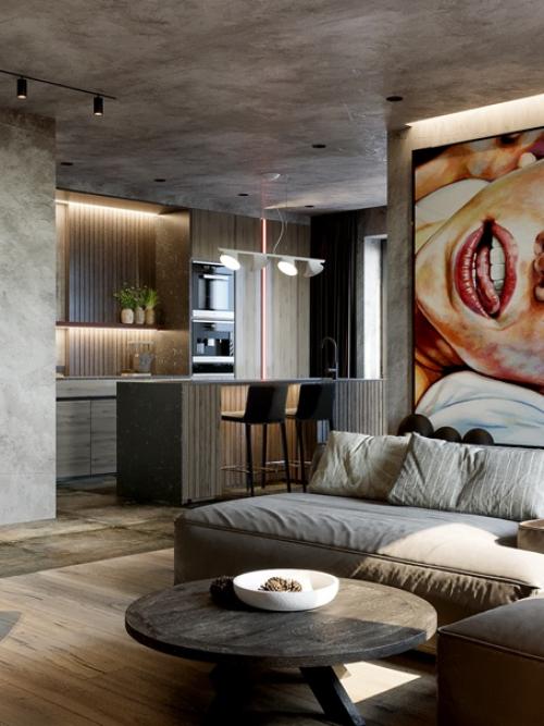 Достаточно минималистичный и брутальный интерьер. 02