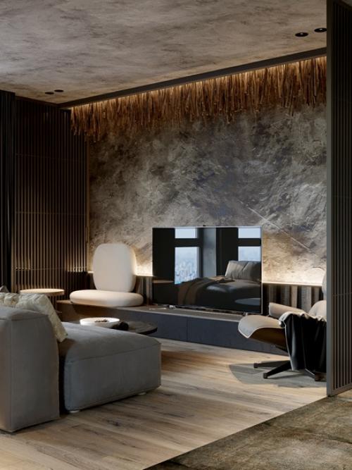 Достаточно минималистичный и брутальный интерьер. 01