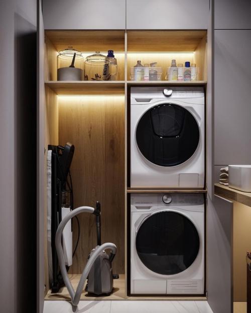 Стильный интерьер квартиры с уютной кухней - гостиной, утонченной прихожей и минималистичным санузлом. 09