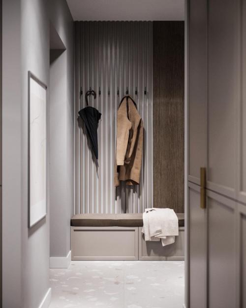 Стильный интерьер квартиры с уютной кухней - гостиной, утонченной прихожей и минималистичным санузлом. 02