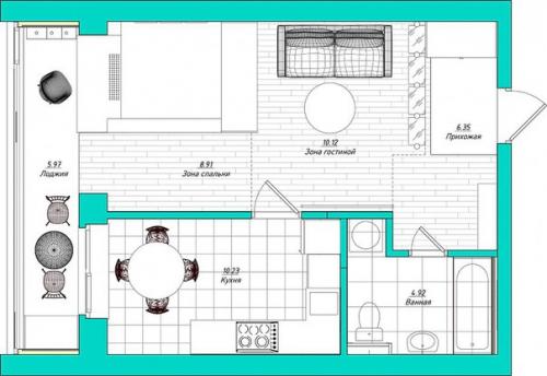Функциональный и вместительный интерьер квартиры 46, 5 кв. 09
