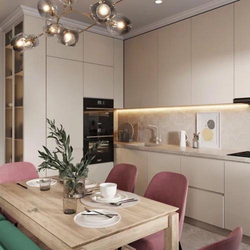 Красивая кухня - гостиная с акцентным зелёным диваном и обустроенной тв - зоной. 01