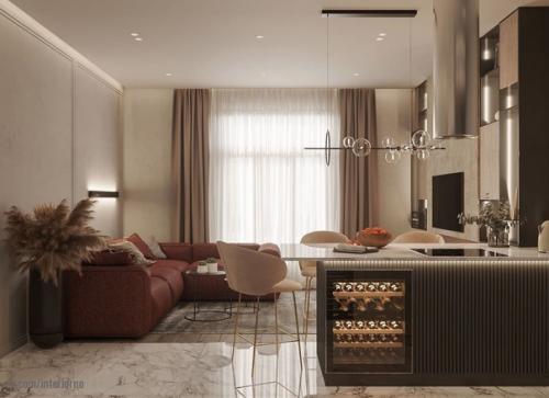 Кухня - гостиная в теплых тонах. 01