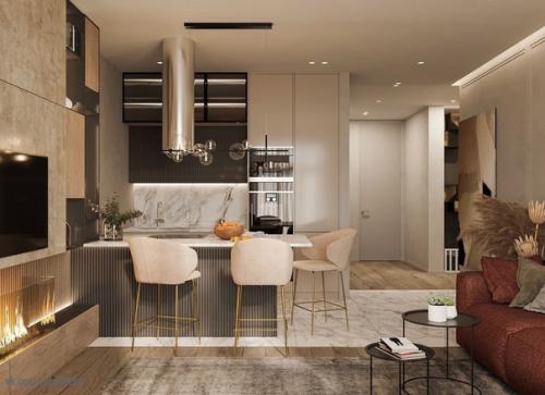 Кухня - гостиная в теплых тонах. 04