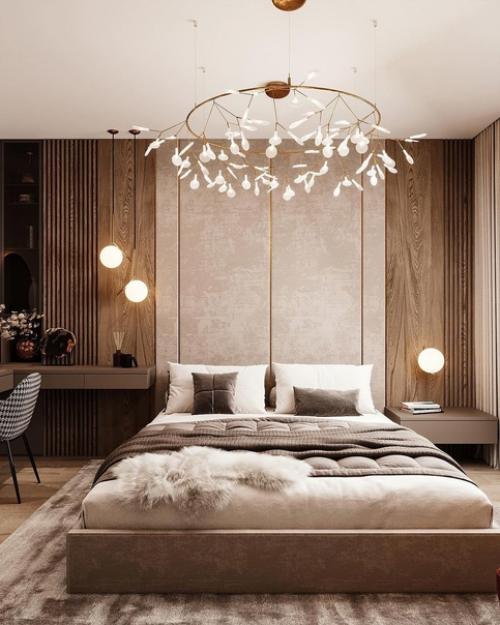 Интерьер спальни.  Глубокие шоколадные оттенки, мягкие текстуры и уютное освещение поможет как следует отдохнуть после рабочего дня. 05