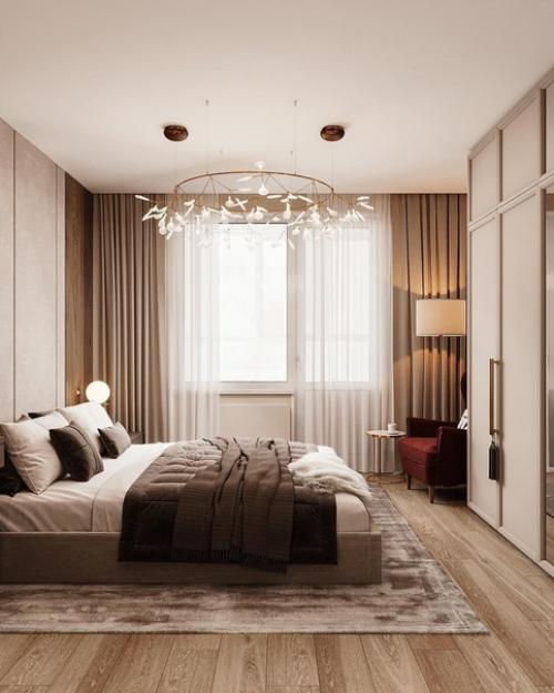 Интерьер спальни.  Глубокие шоколадные оттенки, мягкие текстуры и уютное освещение поможет как следует отдохнуть после рабочего дня. 04