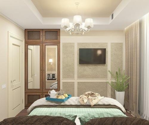 Проект дизайна интерьера спальни, выполнен в неоклассическом стиле для молодой семьи. 02