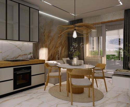 Кухня - гостиная в тёплых пшеничных тонах. 01