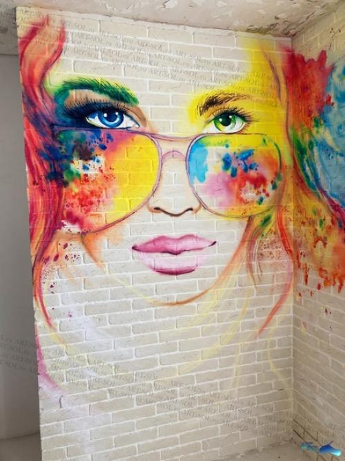 Роспись по декоративным кирпичам в углу на кухне. 01