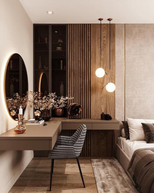 Интерьер спальни.  Глубокие шоколадные оттенки, мягкие текстуры и уютное освещение поможет как следует отдохнуть после рабочего дня. 01