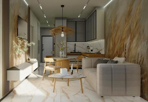 Кухня - гостиная в тёплых пшеничных тонах. 03