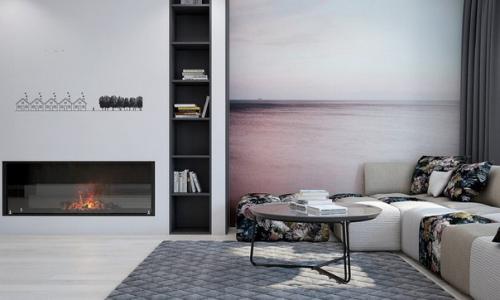 Современный уют с яркими чертами загородного дома подчеркивает электрический камин вставленный в портал из искусственного камня. 02