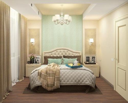 Проект дизайна интерьера спальни, выполнен в неоклассическом стиле для молодой семьи. 01