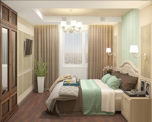 Проект дизайна интерьера спальни, выполнен в неоклассическом стиле для молодой семьи.  