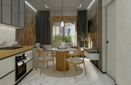 Кухня - гостиная в тёплых пшеничных тонах. 02