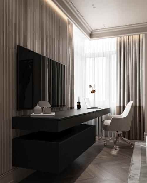 Интерьер мастер - спальни в исполнении роскошной стилистике ардеко ярким акцентом проекта этой квартиры стал глубокий изумрудный цвет. 03