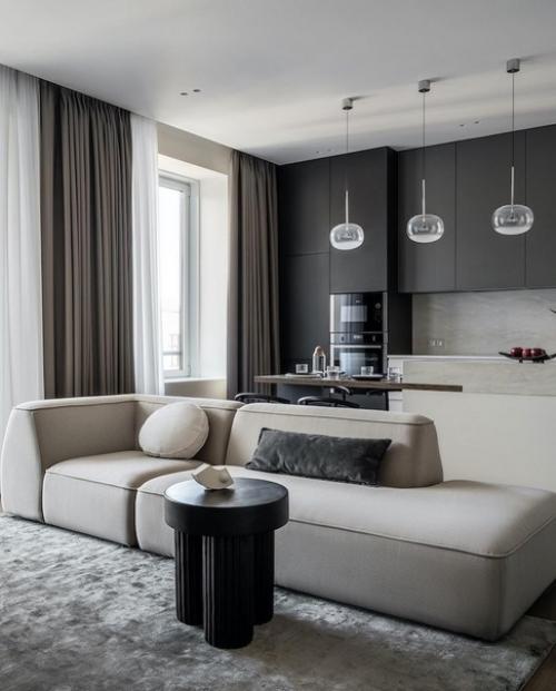 Красивая кухня - гостиная для молодой девушки в минималистичном стиле. 08