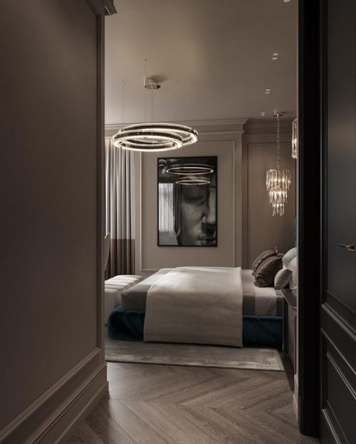 Интерьер мастер - спальни в исполнении роскошной стилистике ардеко ярким акцентом проекта этой квартиры стал глубокий изумрудный цвет. 05