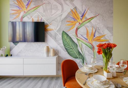 Яркий, жизнерадостный интерьер кухни - гостиной в современном стиле. 07