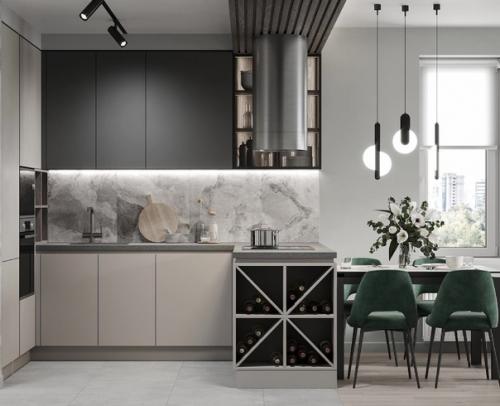 Потрясающий вариант дизайна кухни - гостиной в серых оттенках с добавлением акцентных деталей. 01