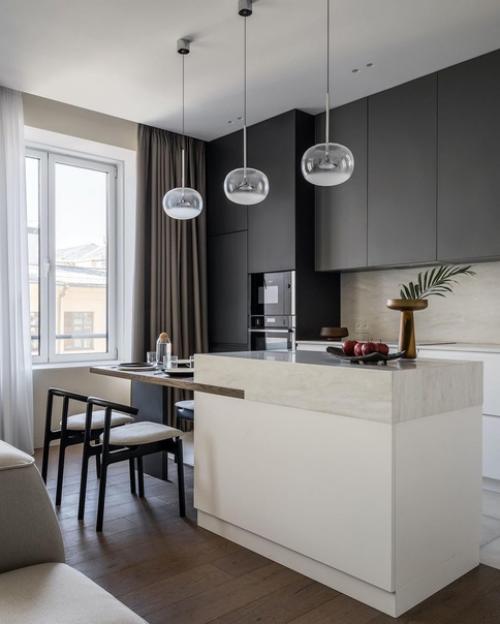 Красивая кухня - гостиная для молодой девушки в минималистичном стиле. 02
