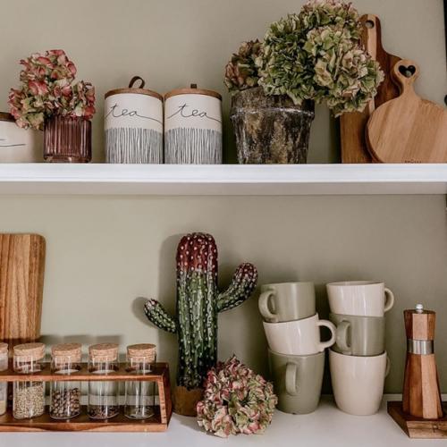 Множество декора, кухонной утвари и растений в доме с шикарным красным диваном. 04