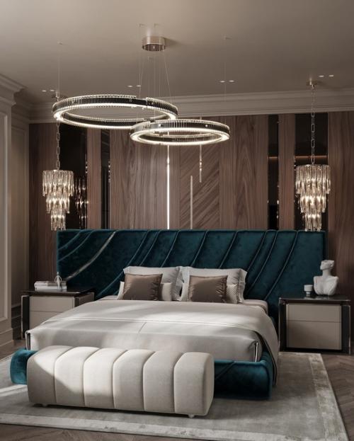 Интерьер мастер - спальни в исполнении роскошной стилистике ардеко ярким акцентом проекта этой квартиры стал глубокий изумрудный цвет. 01