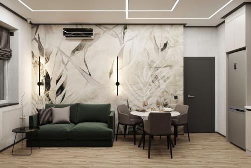 Современный интерьер кухни - гостиной и примыкающей к ней лоджии в спокойной, натуральной цветовой гамме. 01