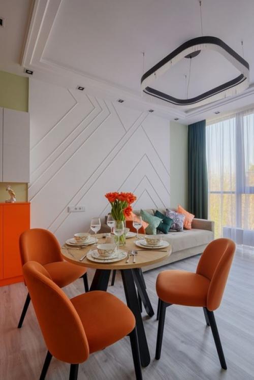 Яркий, жизнерадостный интерьер кухни - гостиной в современном стиле. 01