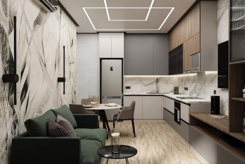 Современный интерьер кухни - гостиной и примыкающей к ней лоджии в спокойной, натуральной цветовой гамме. 02