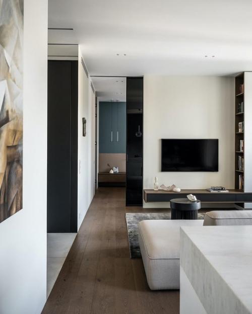 Красивая кухня - гостиная для молодой девушки в минималистичном стиле. 06