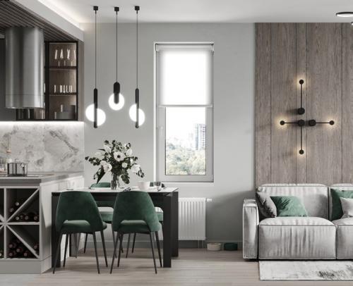 Потрясающий вариант дизайна кухни - гостиной в серых оттенках с добавлением акцентных деталей. 02