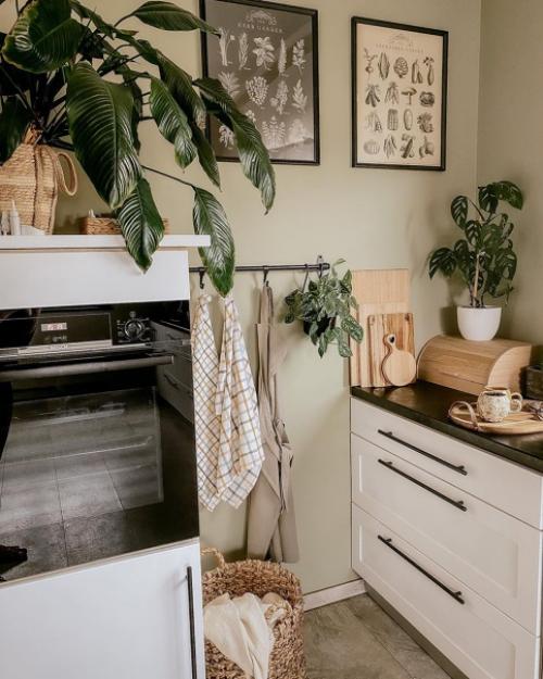 Множество декора, кухонной утвари и растений в доме с шикарным красным диваном. 06