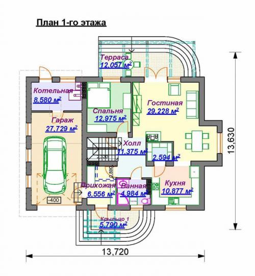 Планировка загородного дома с гаражом и террасой для семьи из 5-6 человек. 01