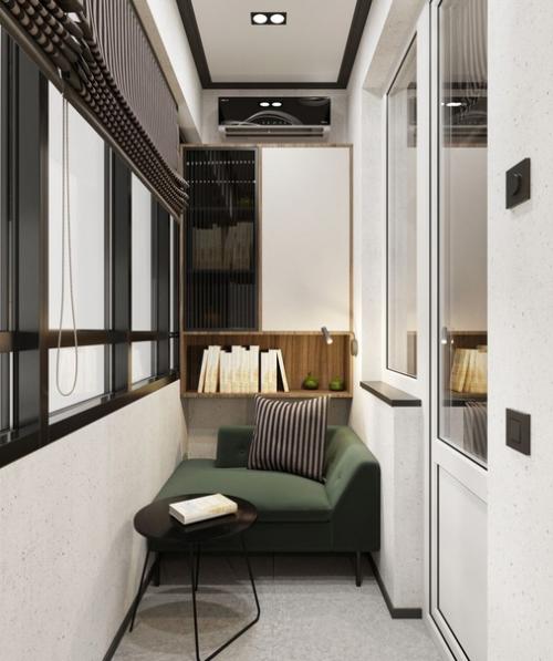 Современный интерьер кухни - гостиной и примыкающей к ней лоджии в спокойной, натуральной цветовой гамме. 05