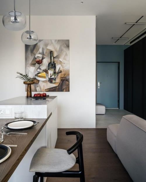 Красивая кухня - гостиная для молодой девушки в минималистичном стиле. 04
