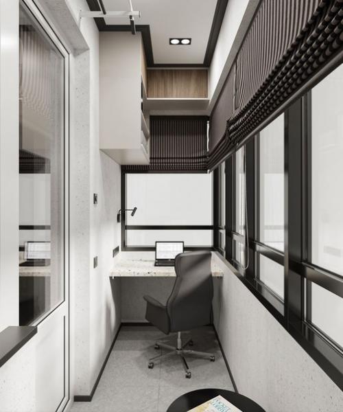 Современный интерьер кухни - гостиной и примыкающей к ней лоджии в спокойной, натуральной цветовой гамме. 04