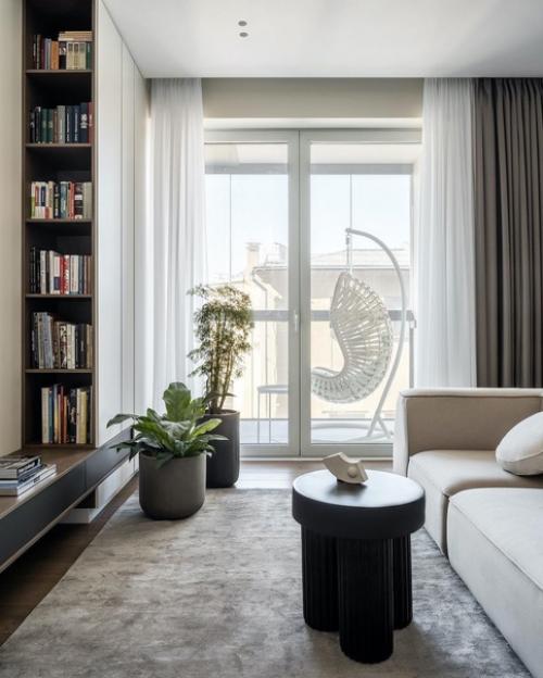 Красивая кухня - гостиная для молодой девушки в минималистичном стиле. 07