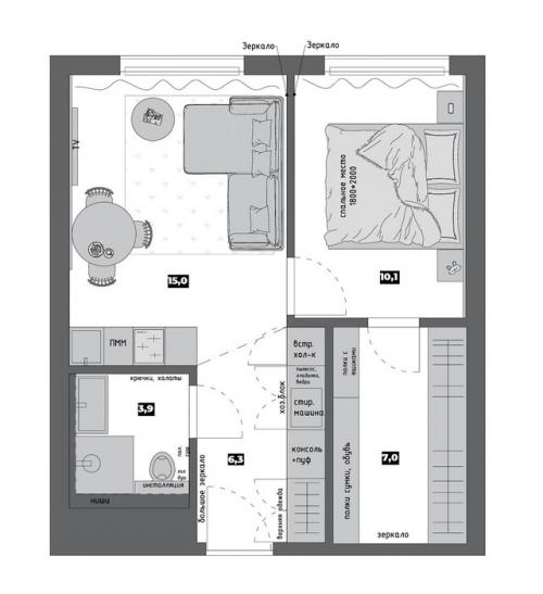Интерьер однокомнатной квартиры 42, 3 кв. 09