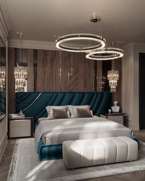 Интерьер мастер - спальни в исполнении роскошной стилистике ардеко ярким акцентом проекта этой квартиры стал глубокий изумрудный цвет. 02