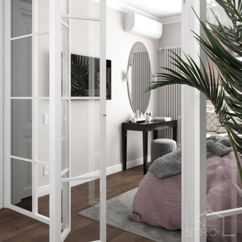 Дизайн интерьера однокомнатной квартиры, в которой удалось совместить две отдельные функциональные зоны, спальня и гостиная. 09