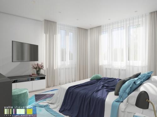 Спальня в современном стиле сделана с акцентом на насыщенный синий цвет, в котором выполнено изголовье кровати. 03